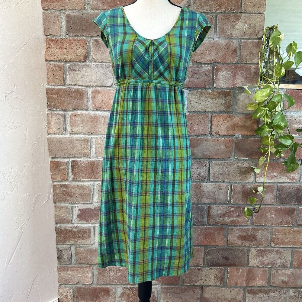Eddie Bauer Vintage Cottage Plaid Empire Waist Tie Back Midi Dress Green Blue 4